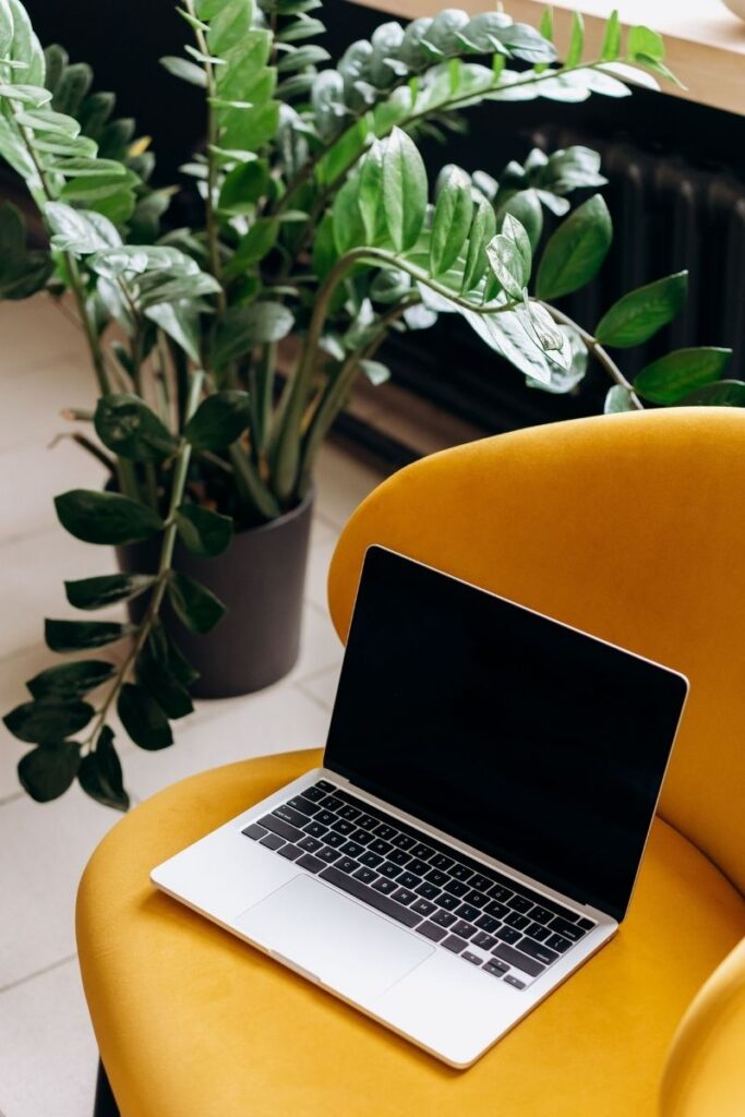 Fauteuil jaune avec un ordinateur et une plante verte